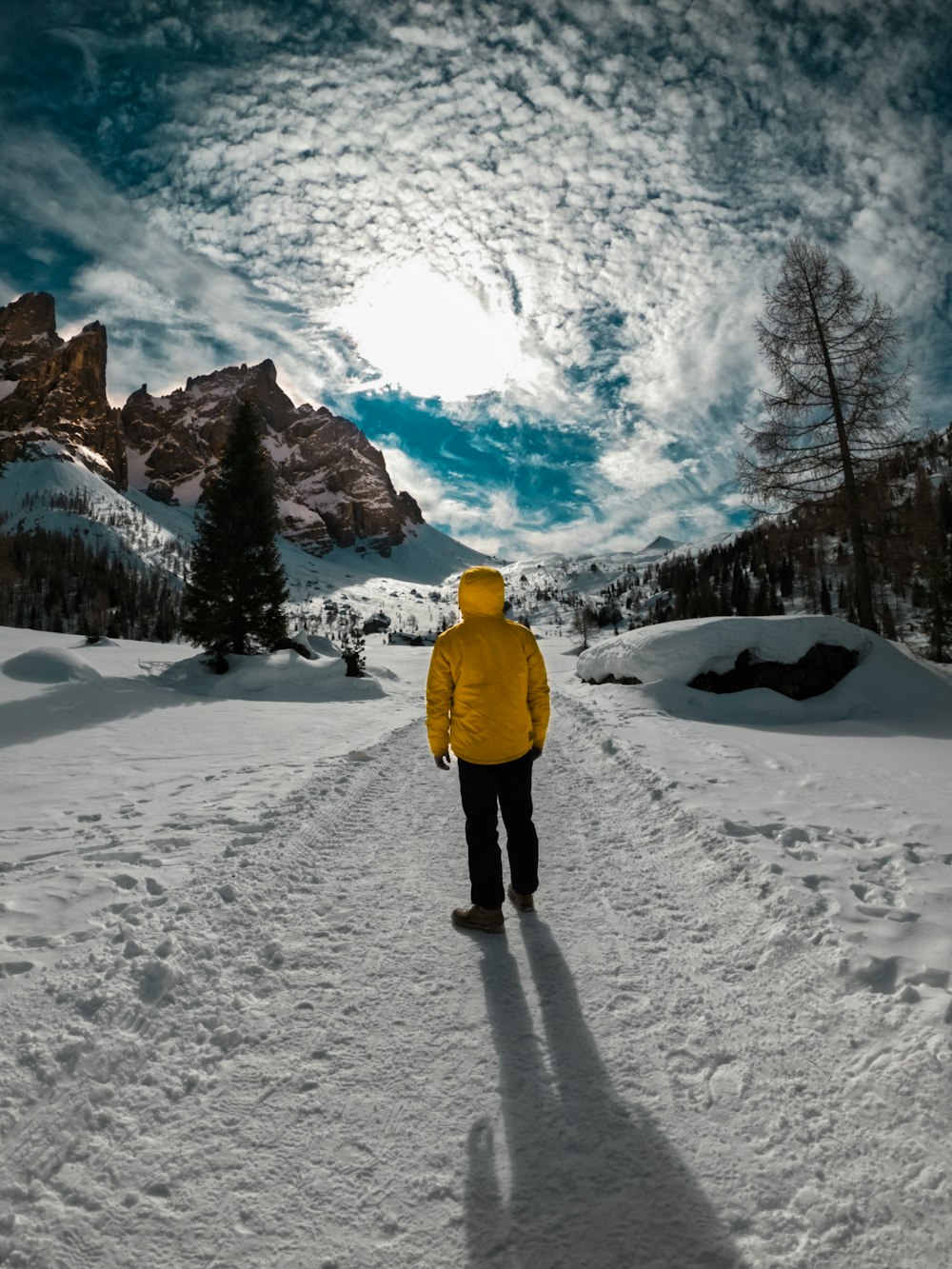 Person in gelber Jacke und schwarzer Hose, die tagsüber auf schneebedecktem Boden spazieren geht