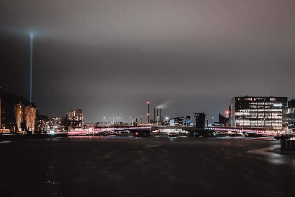 city skyline during night time