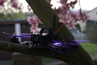 A quadcopter with purple propellers is perched on a tree branch. The background features blurred pink flowers and a residential area with houses.