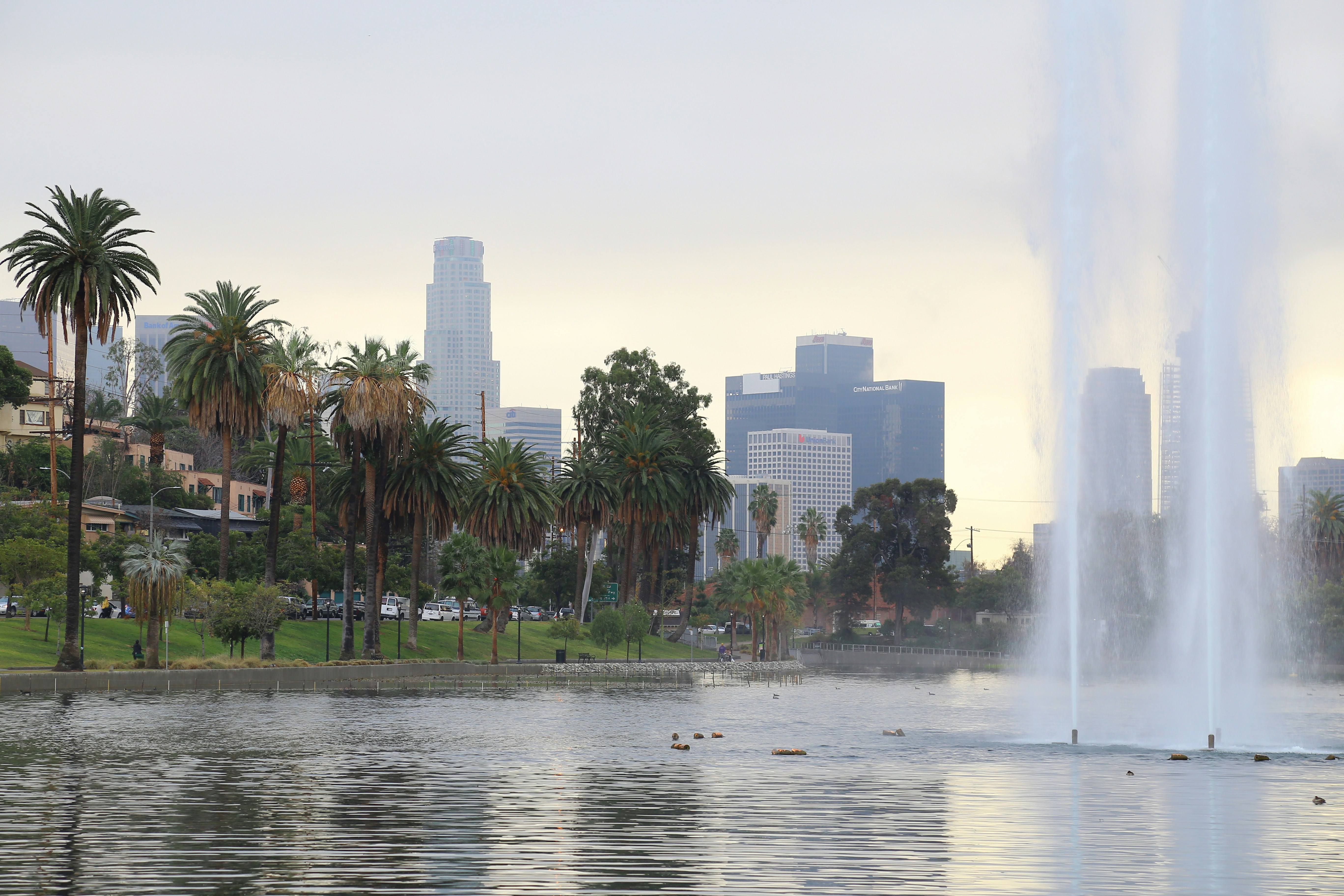 water fountain near green trees and high rise buildings during daytime, Silver Lake, Los Angeles, CA.