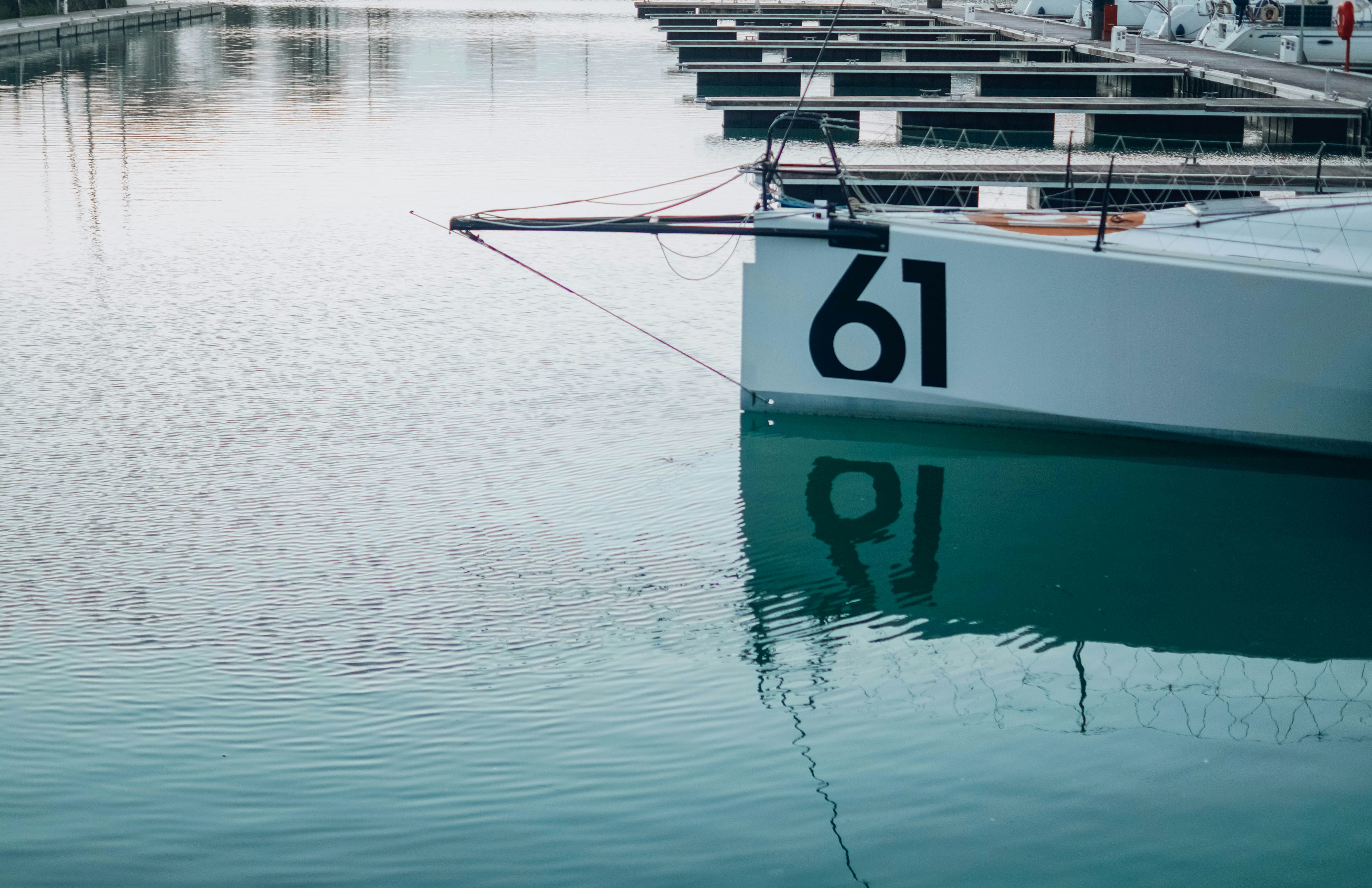 White and blue boat on water with registration numbers