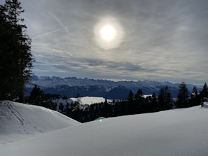 Panoramic view of the Tungnath trek trail blanketed in fresh snow visible from the open area