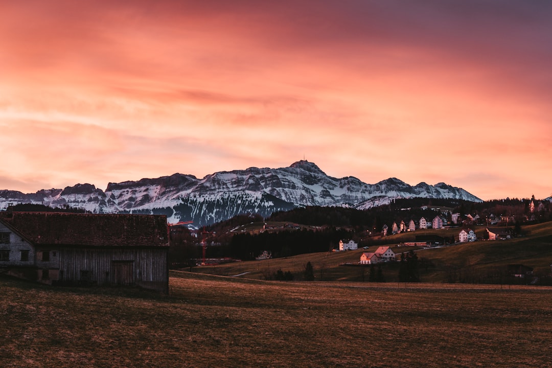 brown wooden house near snow covered mountain during daytime