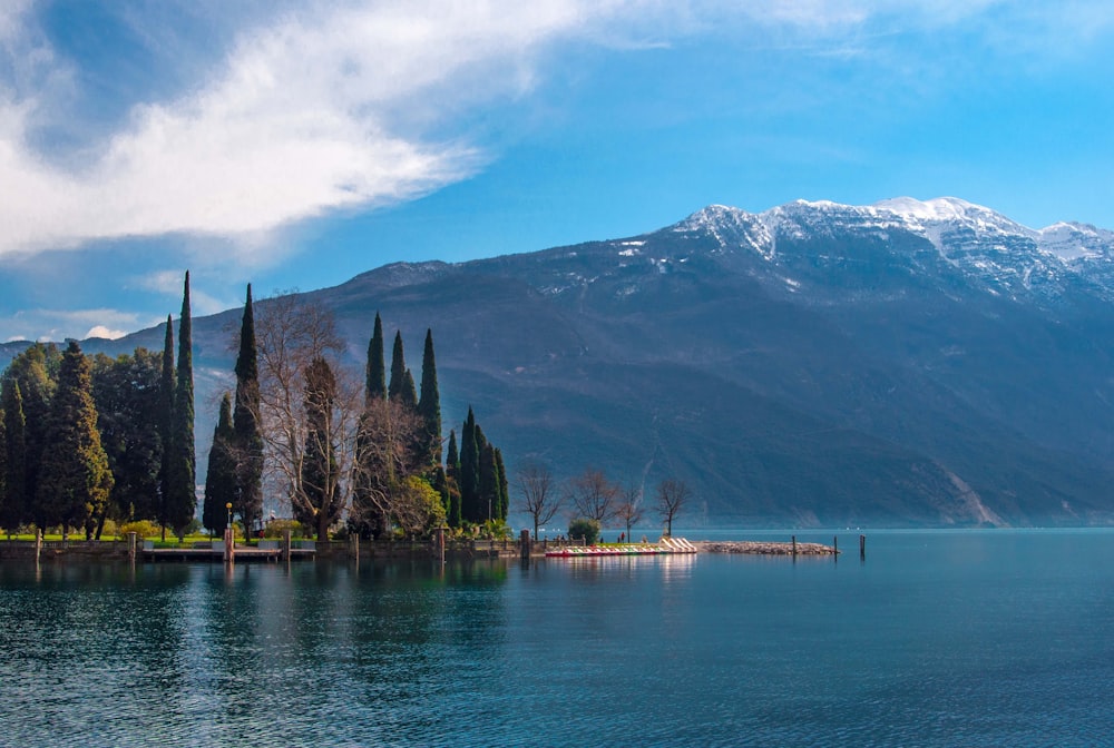 Specchio d'acqua vicino agli alberi e alla montagna sotto il cielo blu durante il giorno