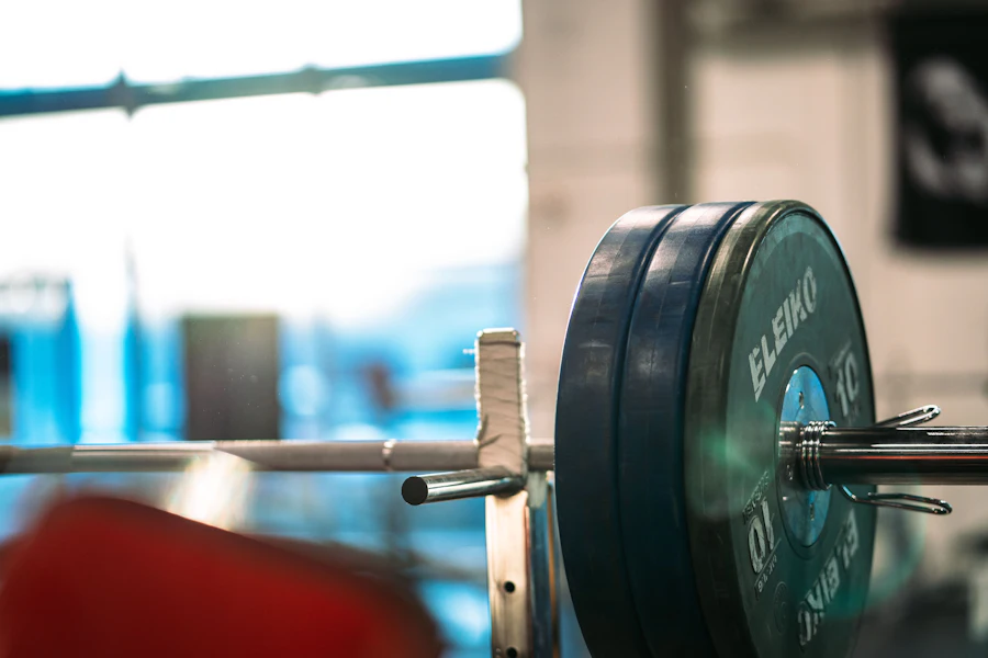 Close-up of a barbell on the gym floor