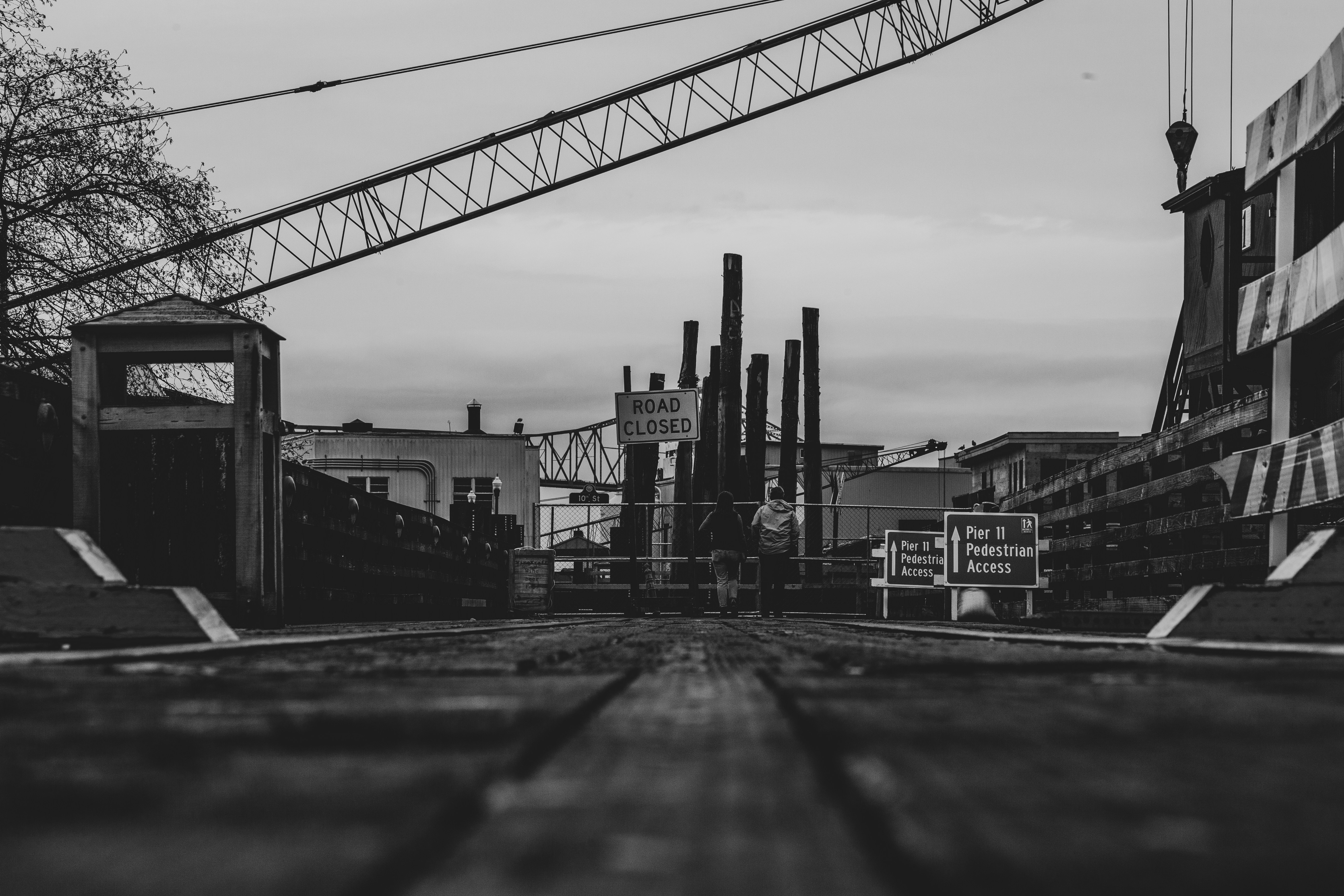 grayscale photo of bridge near buildings