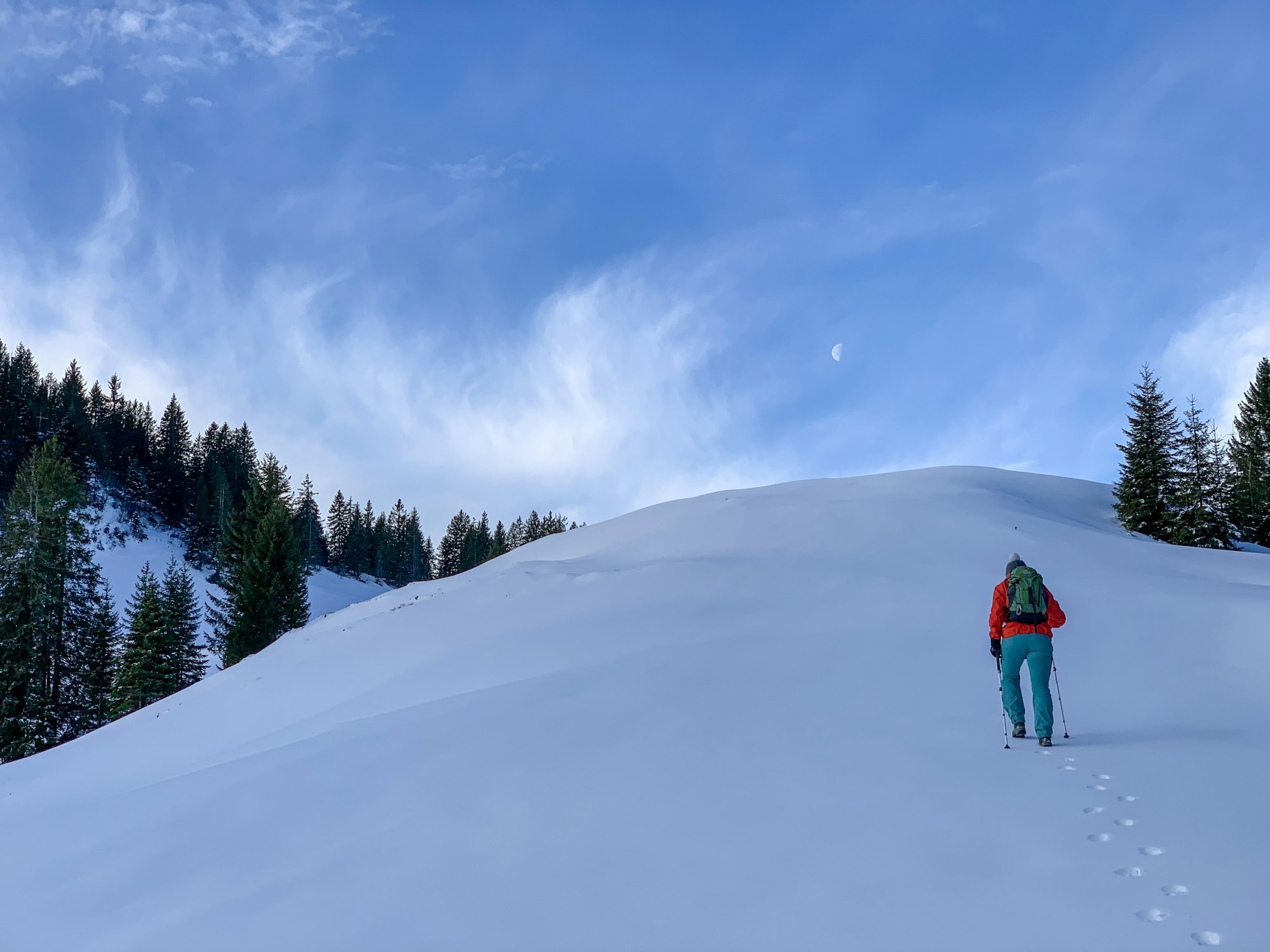 person in red jacket and blue denim jeans walking on snow covered ground during daytime