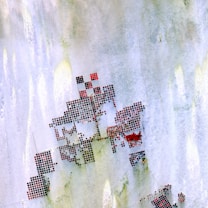 Aerial view of an agricultural landscape with circular fields arranged in a grid pattern. The circles are in varying shades of red and brown, suggesting different crops or stages of growth. The background consists of vast open land with a textured appearance, possibly indicating a semi-arid region.