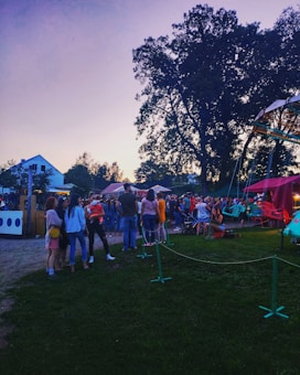 A group of people gathered outdoors in what appears to be a fair or festival setting, with green grass and a large tree casting shadows in the background. Various stalls and a small amusement ride are visible, and people are casually mingling, dressed in summer attire.