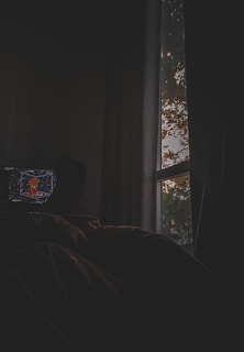 The scene depicts a dimly lit room with a window on the right side showing the evening sky partially obscured by trees. On the left side, a computer screen displays an animated character against a starry backdrop. The rest of the room is enveloped in shadow, creating a cozy and introspective atmosphere.