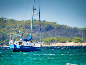 The sailboat anchored near a vibrant coral reef under a clear blue sky
