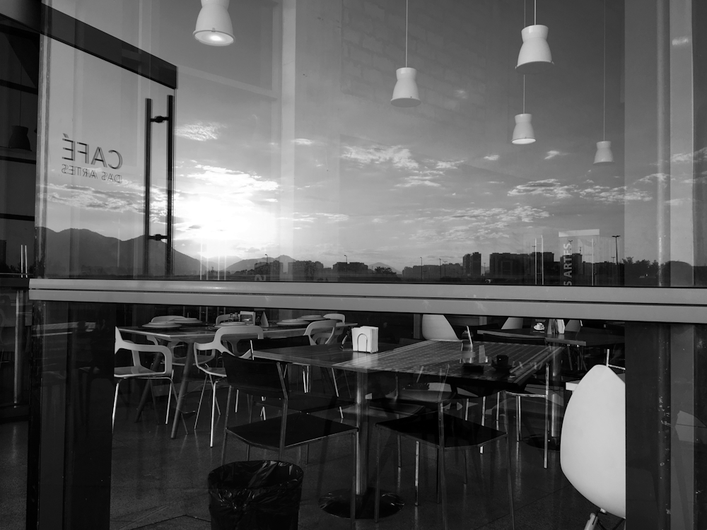 black and white photo of restaurant
