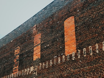 A brick wall with distinctive patterns and colors, including areas where some bricks have been replaced or removed, creating vertical rectangles of varying hues. The wall has an old, weathered appearance with a mixture of dark and light bricks.