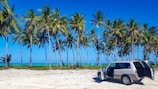 A family enjoying a sunny beach trip, stepping out of a comfortable SUV near the UAE coastline.