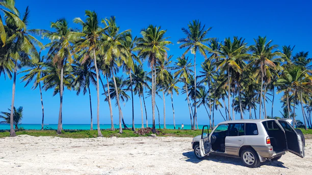 A bright, sunny Hawaiian beach with a rental car parked nearby, ready for adventure.