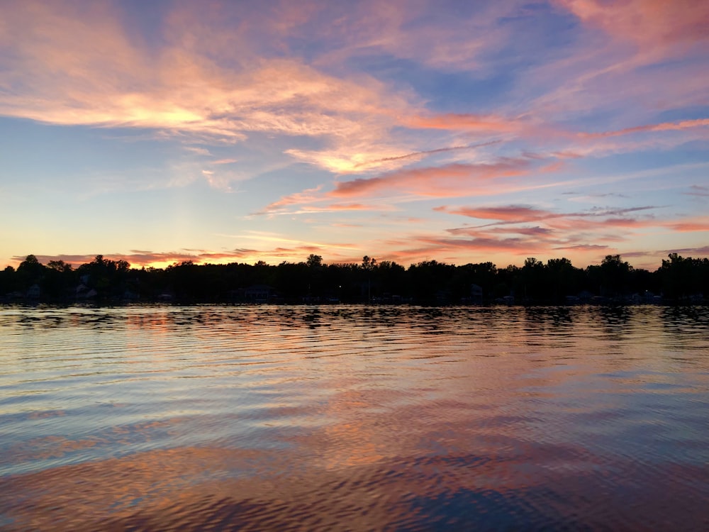 body of water near trees during sunset