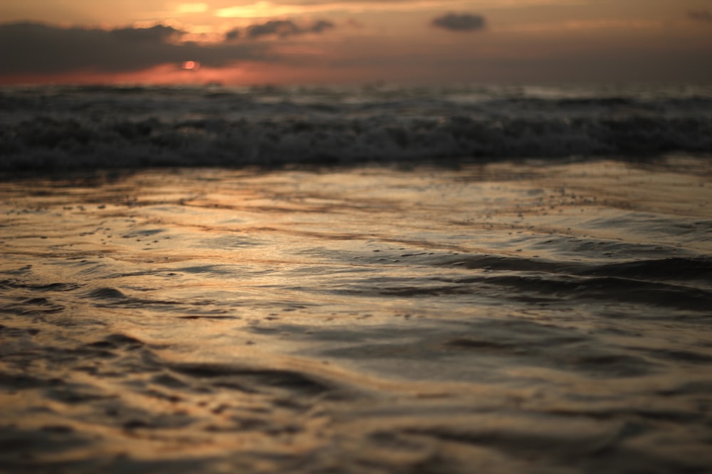 Les vagues de l’océan s’écrasent sur le rivage au coucher du soleil