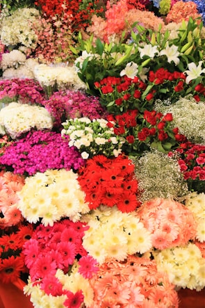 A vibrant assortment of flowers including roses, lilies, and various daisies displayed in a colorful array. The arrangement features rich reds, delicate whites, soft pinks, and deep greens, showcasing a diverse collection of blooms.