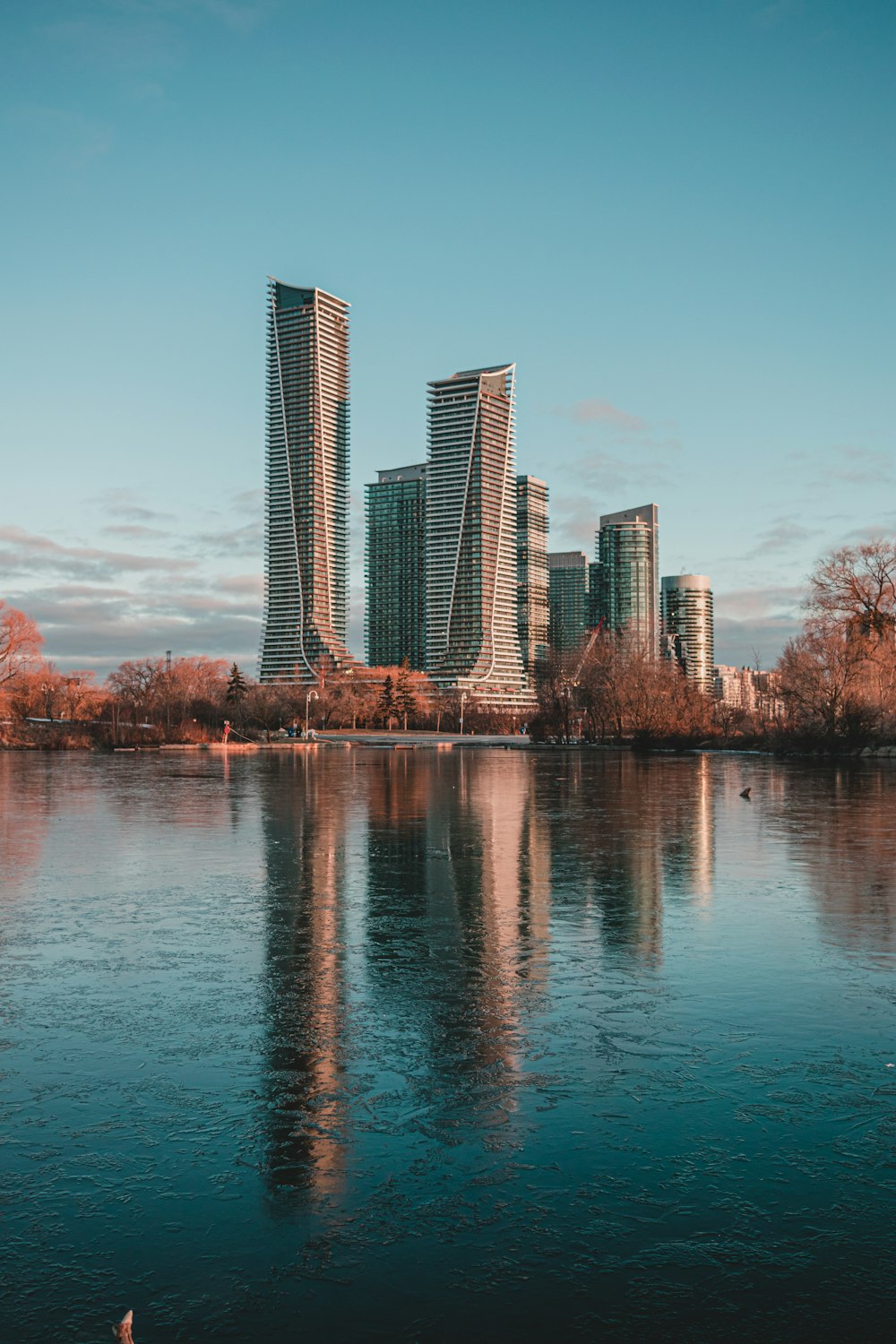 plan d’eau près d’arbres et d’immeubles de grande hauteur pendant la journée