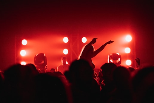 A vibrant concert scene with silhouetted figures in the foreground. Bright stage lights in red illuminate the space, creating a lively and energetic atmosphere. A person in the crowd is elevated, arms raised in enthusiasm, contributing to the feeling of excitement.