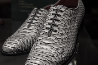 A pair of elegant exotic skin shoes made from genuine python snakeskin leather.
