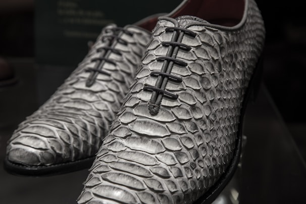 A pair of elegant exotic skin shoes made from genuine python snakeskin leather.