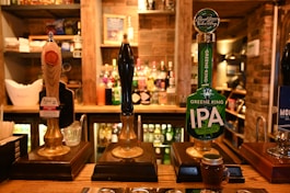 A selection of cold beers served in a cozy restaurant setting.