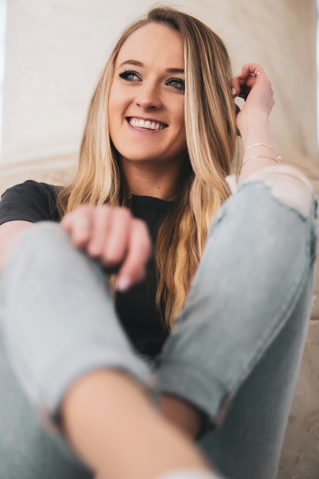 woman in blue denim jacket and black pants