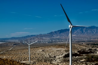 A landscape featuring a desert terrain with multiple wind turbines scattered across the valley. The scene includes a few large wind turbines in the foreground and a vast array of smaller ones stretching towards the distant mountains under a clear blue sky.
