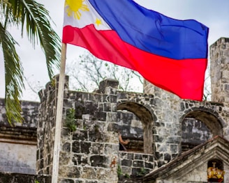 blue white and red flag on gray concrete wall