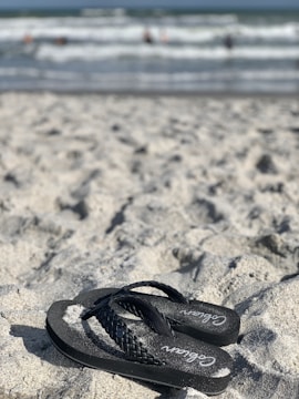 A pair of black flip-flops rests on a sandy beach, with grains of sand stuck to them. In the background, waves crash against the shore and blurry figures can be seen in the water.