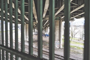 A view through metal bars of a scene underneath an overpass with concrete pillars. There are some tents and belongings suggesting a homeless encampment. Graffiti is visible on the pillars and the ground is gravel with train tracks running through it. Trees and a distant building can be seen in the background.