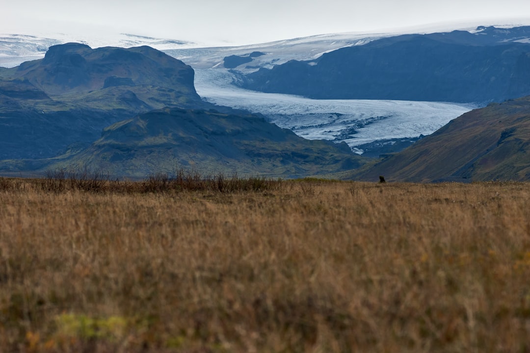 brown grass field near snow covered mountain during daytime