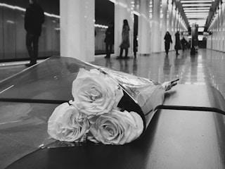 A monochrome photograph featuring a bouquet of three roses wrapped in clear plastic, placed on a bench in a corridor. The background shows several people walking along a brightly lit hallway, with reflective floors and modern, minimalist architecture.