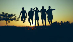 silhouette of people standing on grass field during sunset