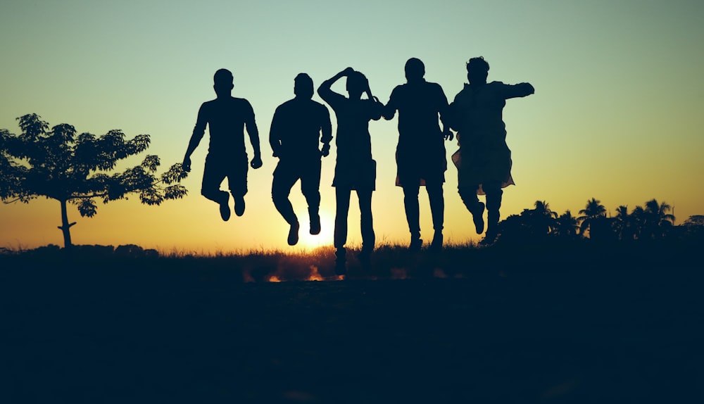 Silueta de la gente de pie en el campo de hierba durante la puesta del sol