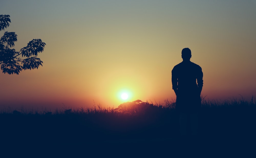 Silueta del hombre de pie en el campo de hierba durante la puesta del sol