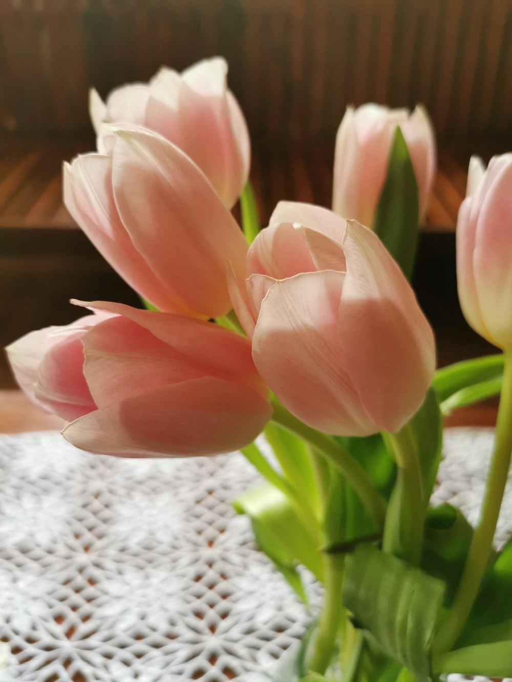 pink tulips on white knit textile