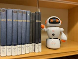 A bookshelf filled with AI and technology books, with a small robot figurine on the side.