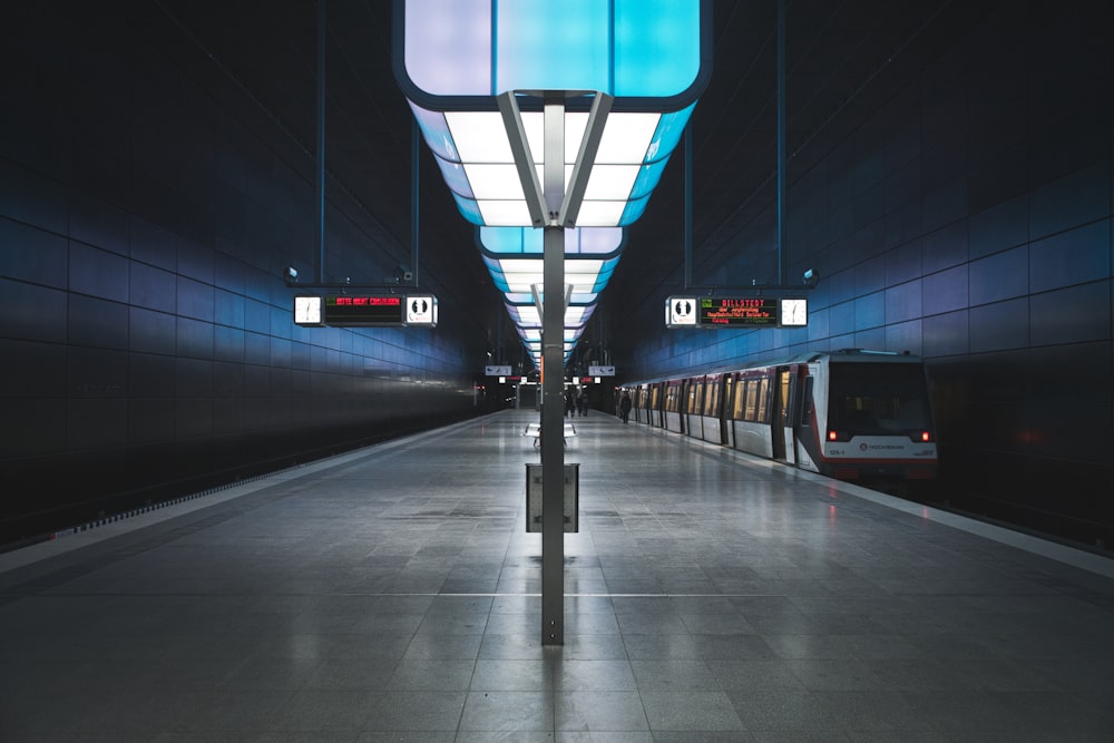 blue and white train station