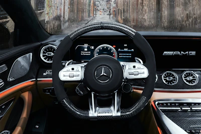 black and silver mercedes benz steering wheel