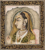 Portrait of Queen Ahilya Bai Holkar in traditional attire, set against a royal backdrop.