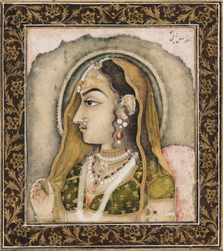 Portrait of Queen Ahilya Bai Holkar in traditional attire, set against a royal backdrop.