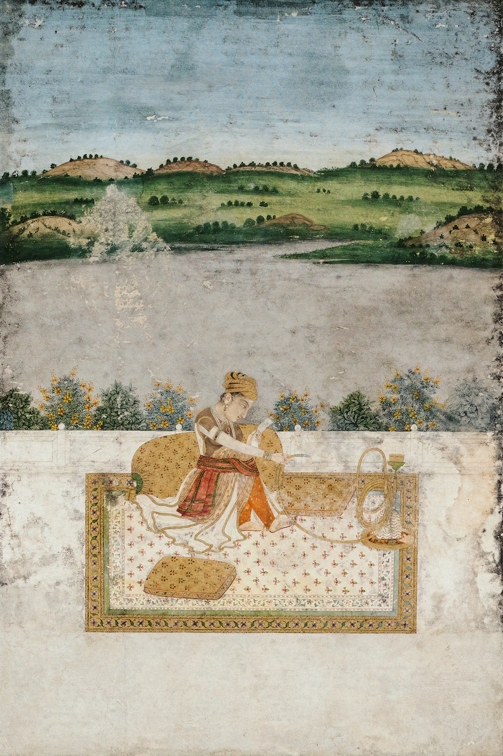 Femme en robe blanche et rouge assise sur la peinture de tapis floral marron et blanc