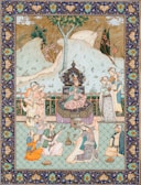 A vibrant Persian miniature painting depicting a royal garden scene with intricate floral patterns.