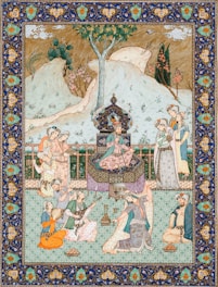 An ornate and detailed Persian miniature painting depicting a royal scene. A central figure, possibly a ruler, sits on an ornate throne adorned with intricate patterns. Surrounding him are various attendants dressed in traditional Persian attire. The scene is set in a lush garden with trees and hills in the background. There are musicians playing instruments, adding a sense of festivity, and a dancer performing in front of the seated figure. The entire artwork is enclosed within an elaborate decorative border.
