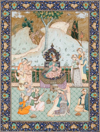 A vibrant Persian miniature painting depicting a royal garden scene with intricate floral patterns.