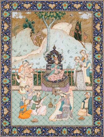 An ornate and detailed Persian miniature painting depicting a royal scene. A central figure, possibly a ruler, sits on an ornate throne adorned with intricate patterns. Surrounding him are various attendants dressed in traditional Persian attire. The scene is set in a lush garden with trees and hills in the background. There are musicians playing instruments, adding a sense of festivity, and a dancer performing in front of the seated figure. The entire artwork is enclosed within an elaborate decorative border.