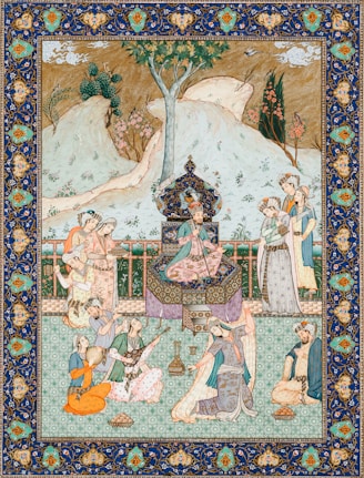 Close-up of a detailed Persian miniature painting with vibrant colors and fine brushwork.