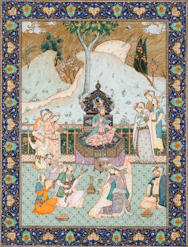 Close-up of a detailed Persian miniature painting with vibrant colors and fine brushwork.
